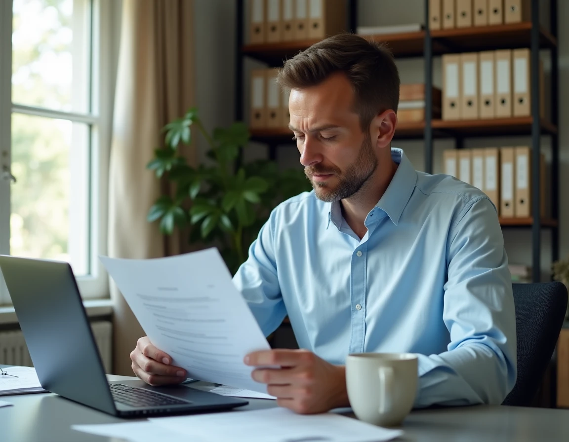 Homme consultant un contrat d'assurance habitation pour vérifier la couverture perte de lunettes