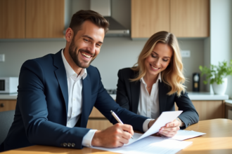Homme souriant en costume examinant un contrat de prêt immobilier
