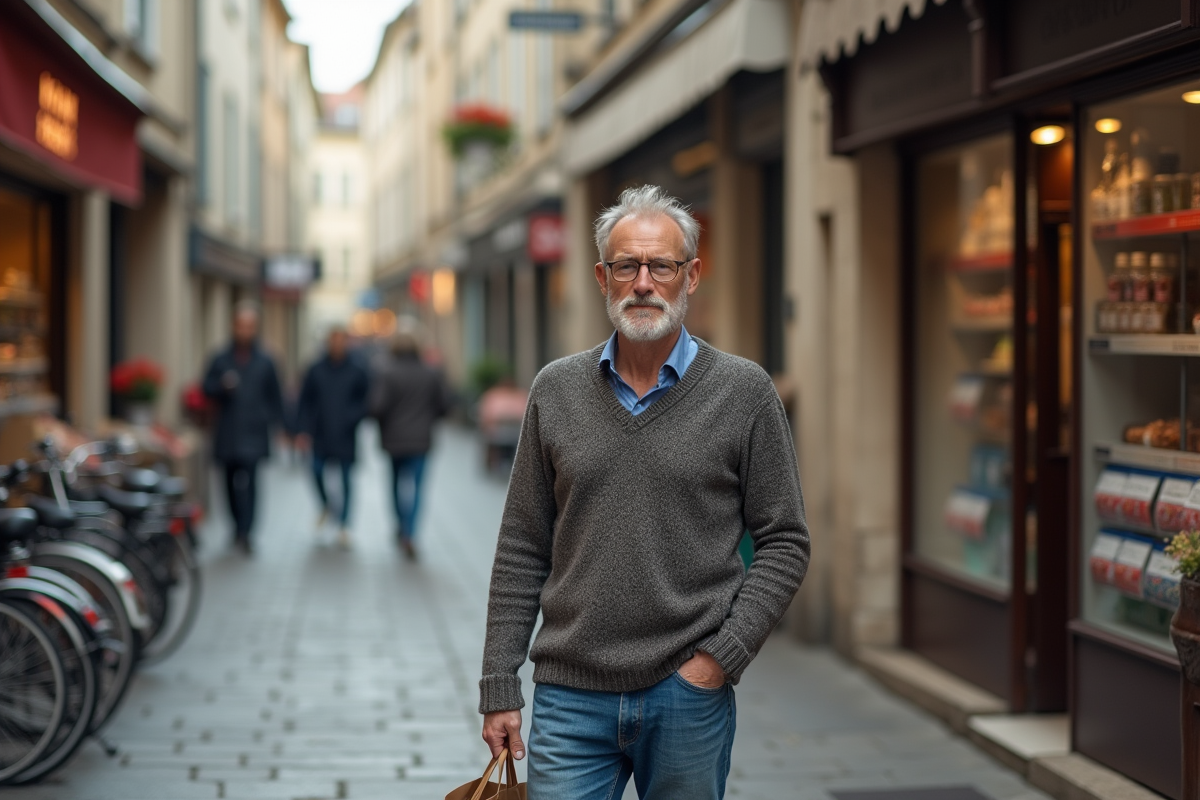 Homme avec sac de courses dans une rue française animée