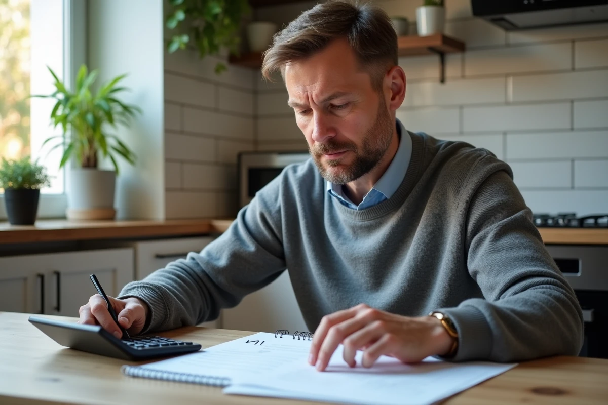 Homme d age moyen à la maison avec facture et calculatrice VAT