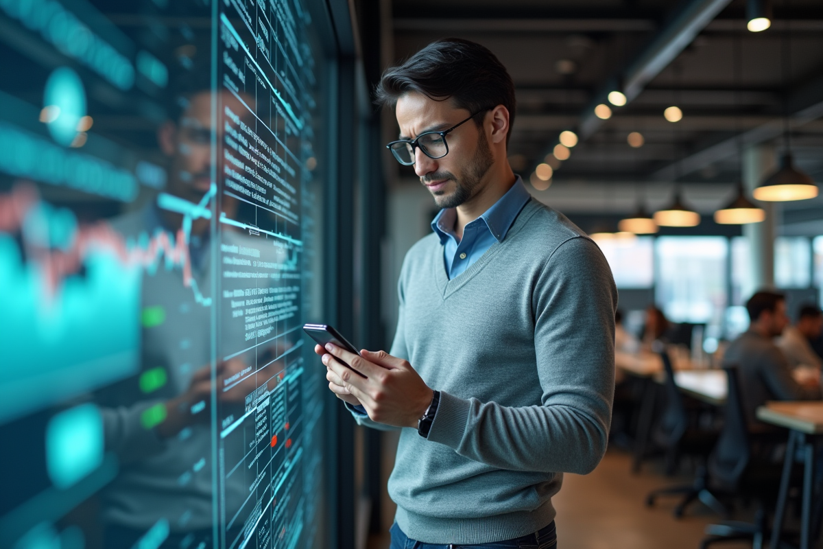 Homme analysant les taux de change dans un espace de coworking