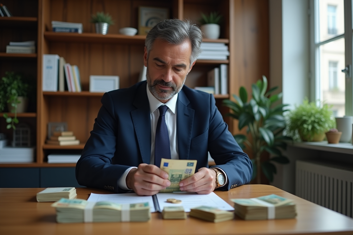 Homme français en costume comptant des billets de banque