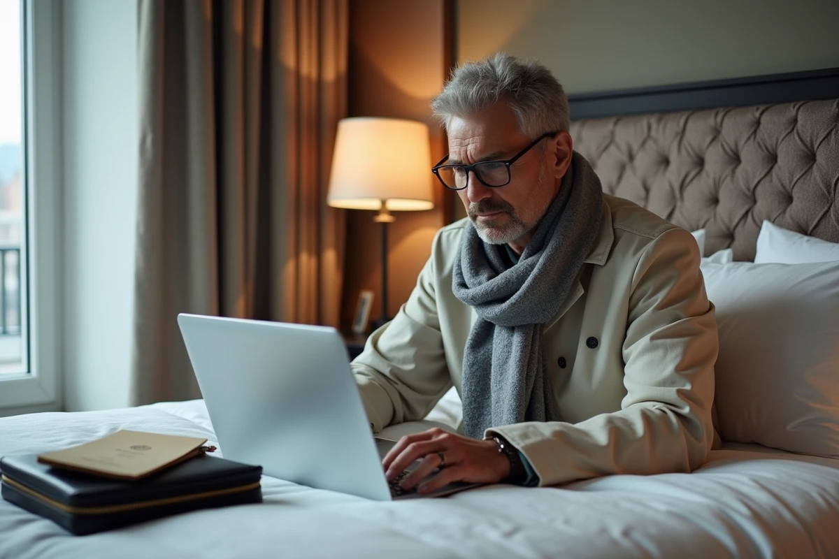 Homme vérifiant ses comptes en ligne dans sa chambre d