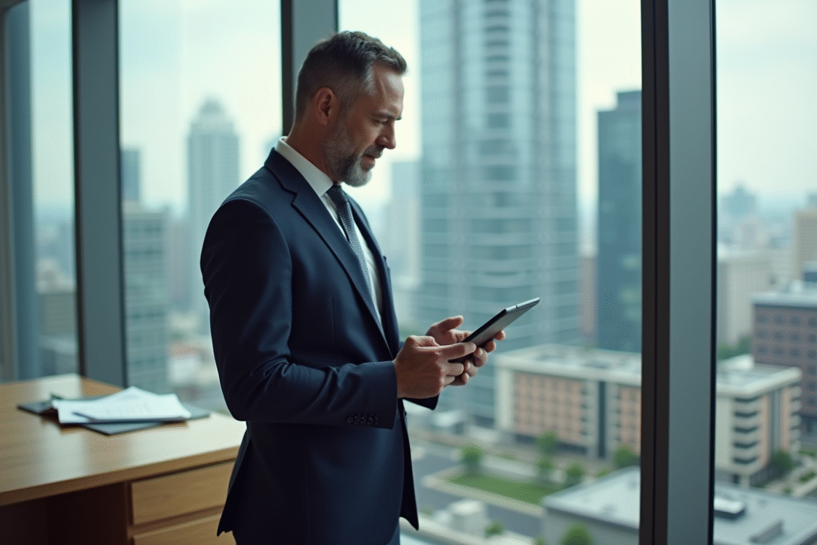 Homme d'affaires en costume bleu regardant des annonces immobilières