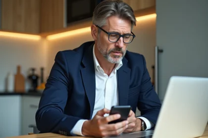 Homme d'âge moyen inquiet avec smartphone dans une cuisine moderne