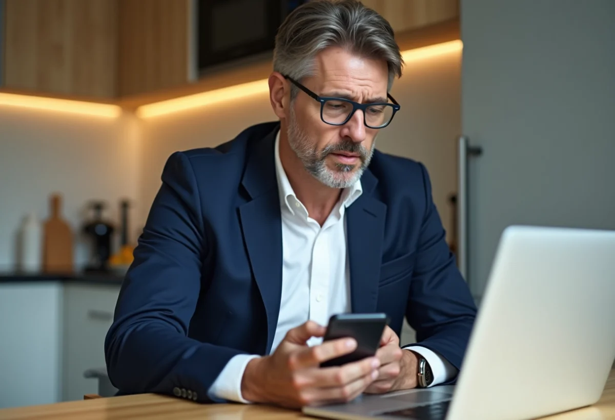 Homme d'âge moyen inquiet avec smartphone dans une cuisine moderne