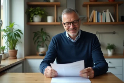 Homme d'âge moyen en pull bleu examinant des documents d'investissement