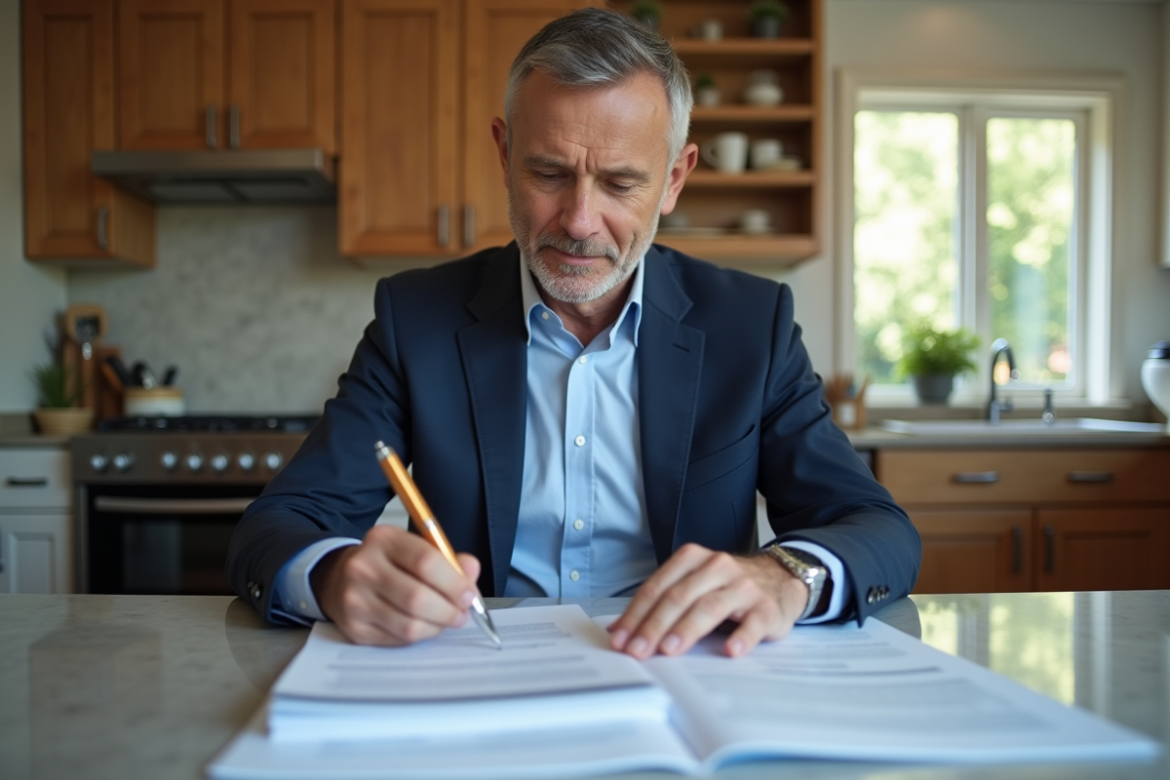 Homme d'âge moyen examinant des documents fiscaux immobiliers