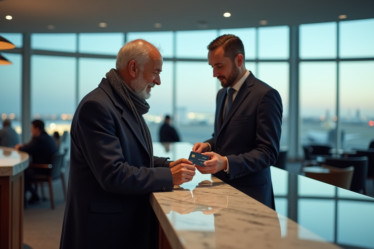 Homme d age présentant sa carte bancaire à l aéroport