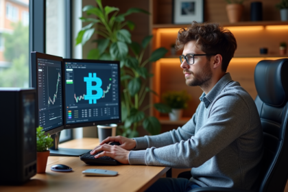 Jeune homme surveillant statistiques de minage crypto