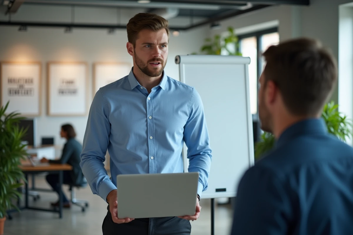 Homme parlant devant tableau blanc dans espace de travail
