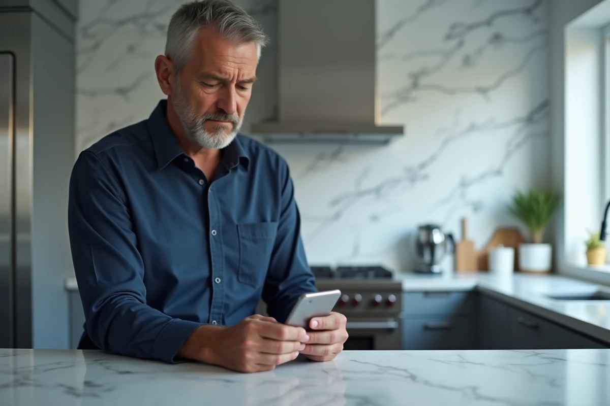 Homme consultant son téléphone pour réinitialiser son mot de passe oublié sur un compte en ligne