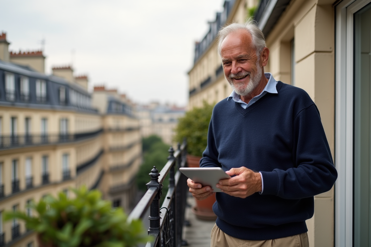 Homme retraité regarde son tablet sur un balcon parisien ensoleille