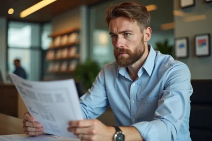 Homme d'âge moyen examine un relevé bancaire dans une agence