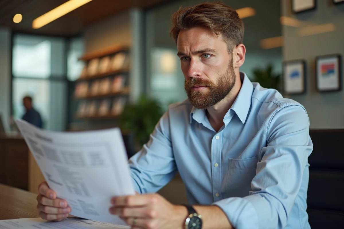 Homme d'âge moyen examine un relevé bancaire dans une agence