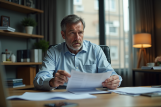 Homme d'âge moyen examine des factures dans un bureau à domicile
