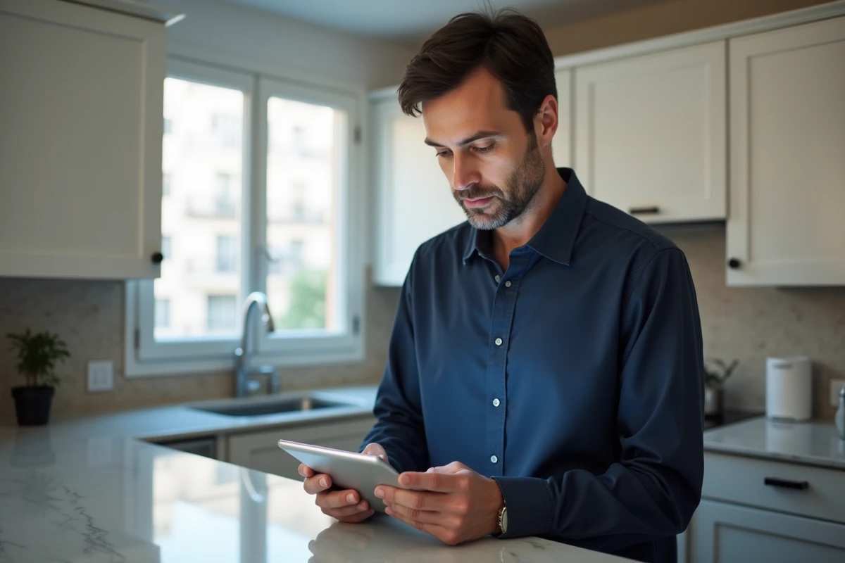 Homme consultant son espace client direct assurance Merci Victor sur une tablette dans une cuisine moderne