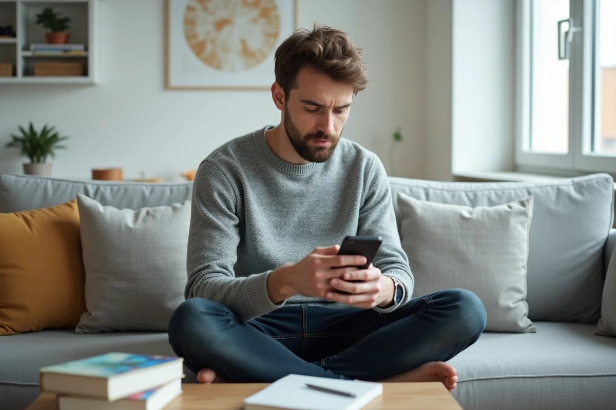 Jeune homme utilisant une application de gestion financière sur smartphone dans son appartement, représentant la planification budgétaire des jeunes actifs