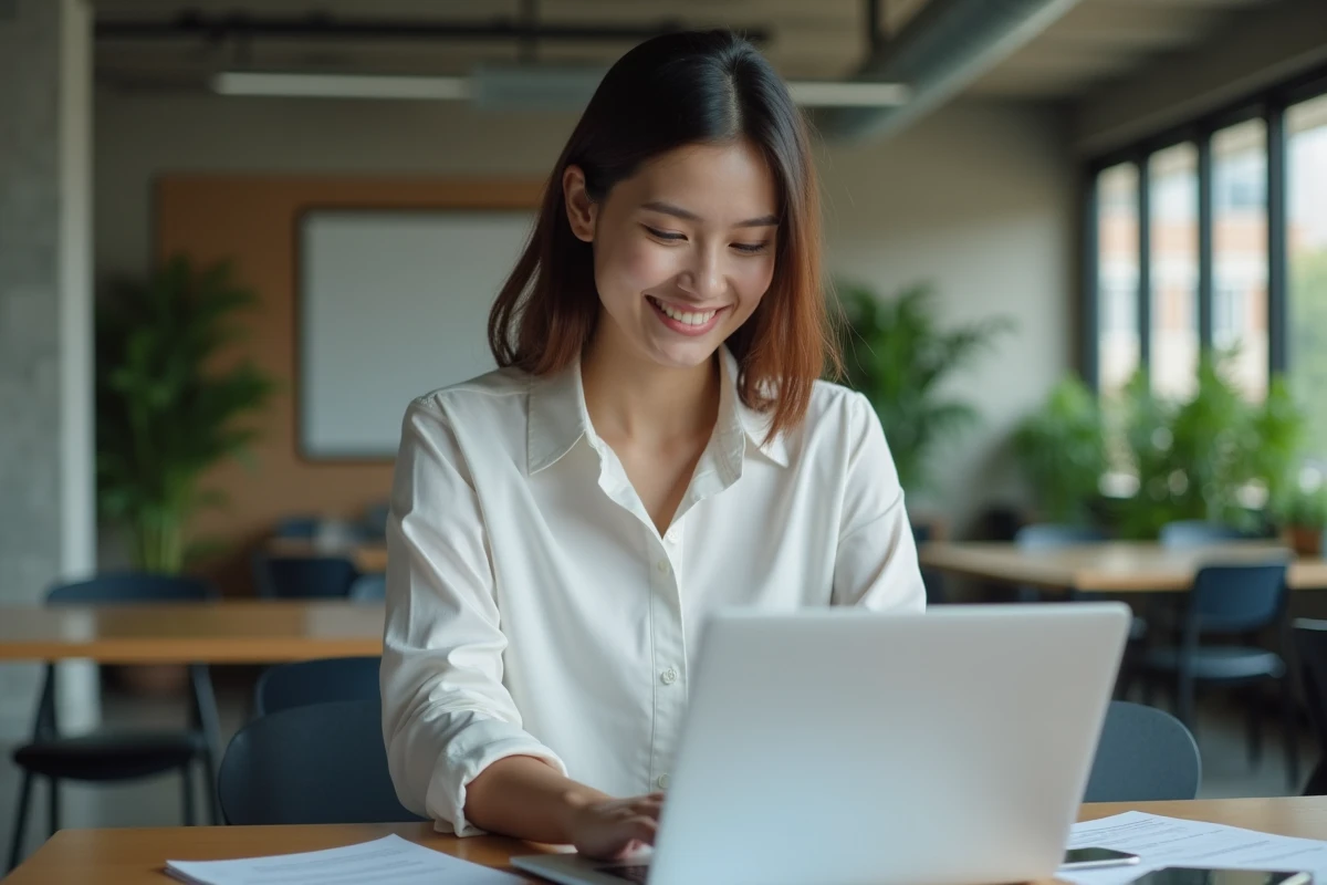 Jeune professionnelle analysant des documents financiers dans un espace de co-working moderne, illustrant la gestion financière pour jeunes actifs
