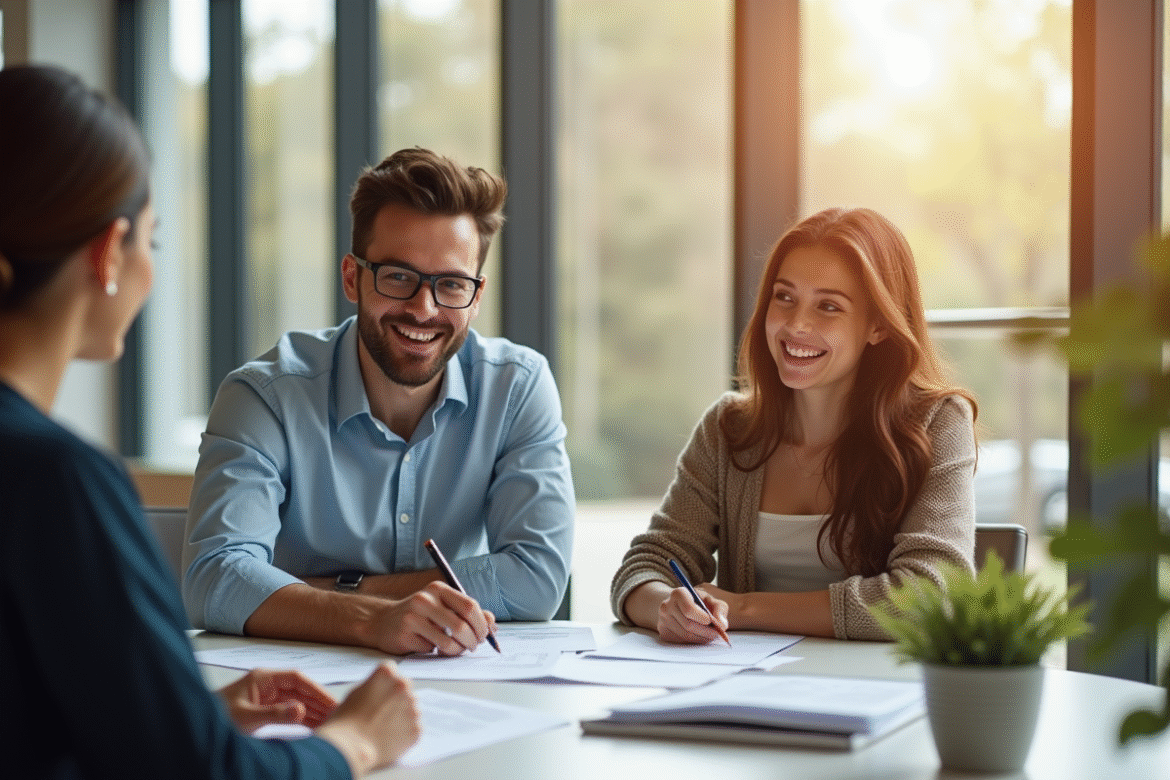 Jeune couple avec conseiller financier discutant documents