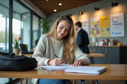 Jeune femme remplissant des formulaires dans une banque moderne