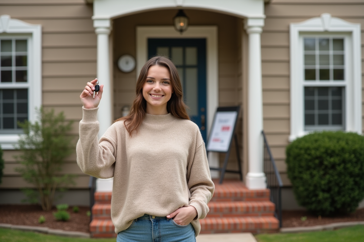 Jeune femme souriante tenant des clés devant une maison en banlieue