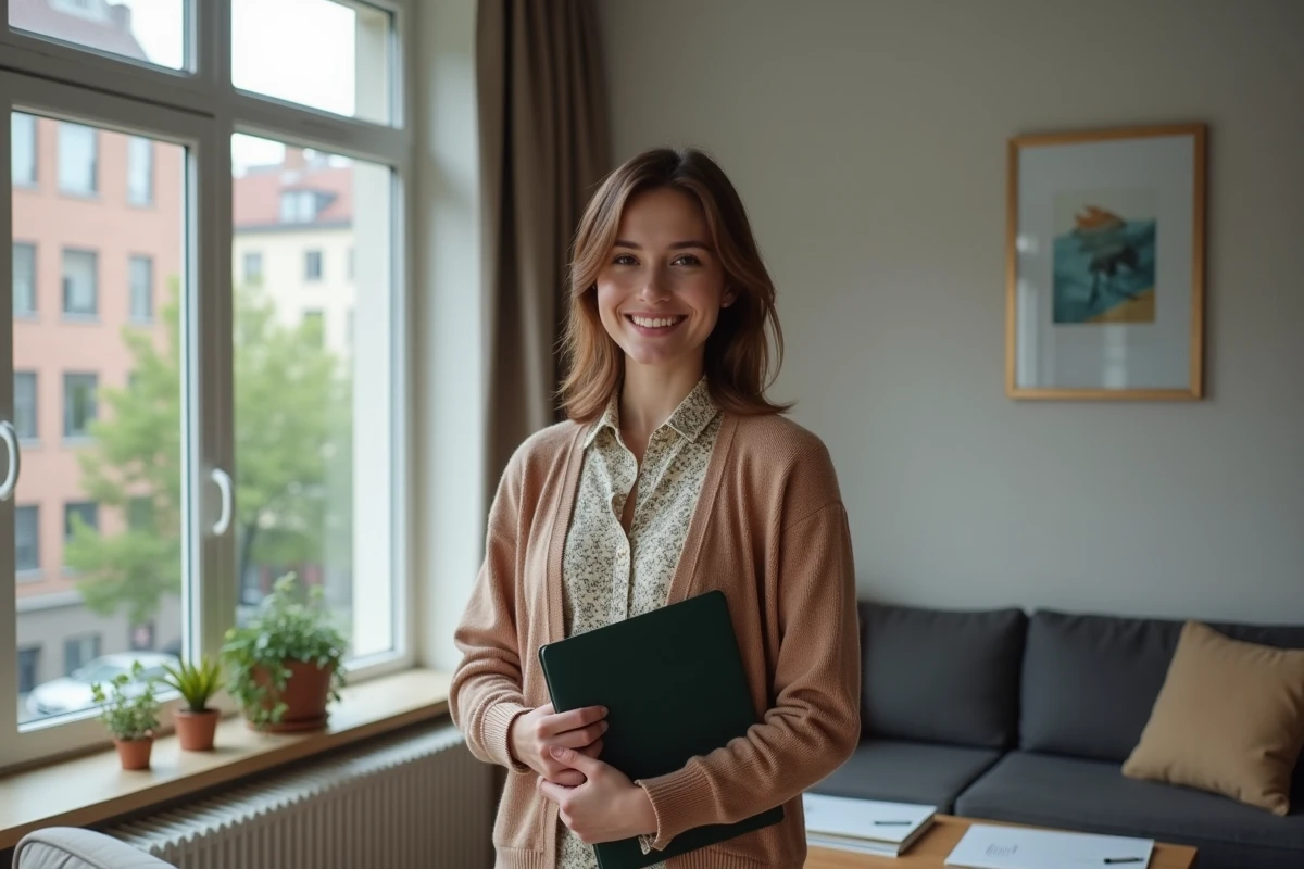 Jeune femme souriante tient un dossier dans un salon moderne