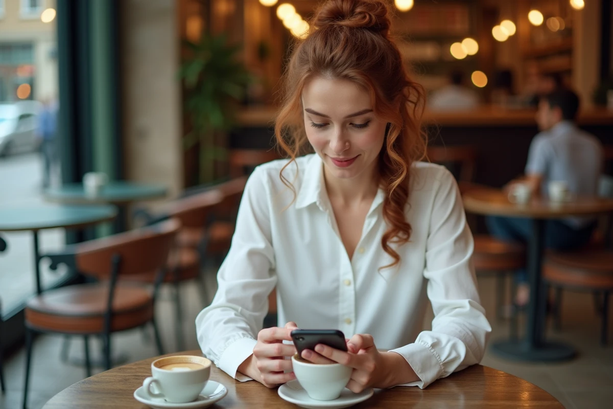 Jeune femme gérant son espace client assurance Merci Victor sur smartphone dans un café parisien