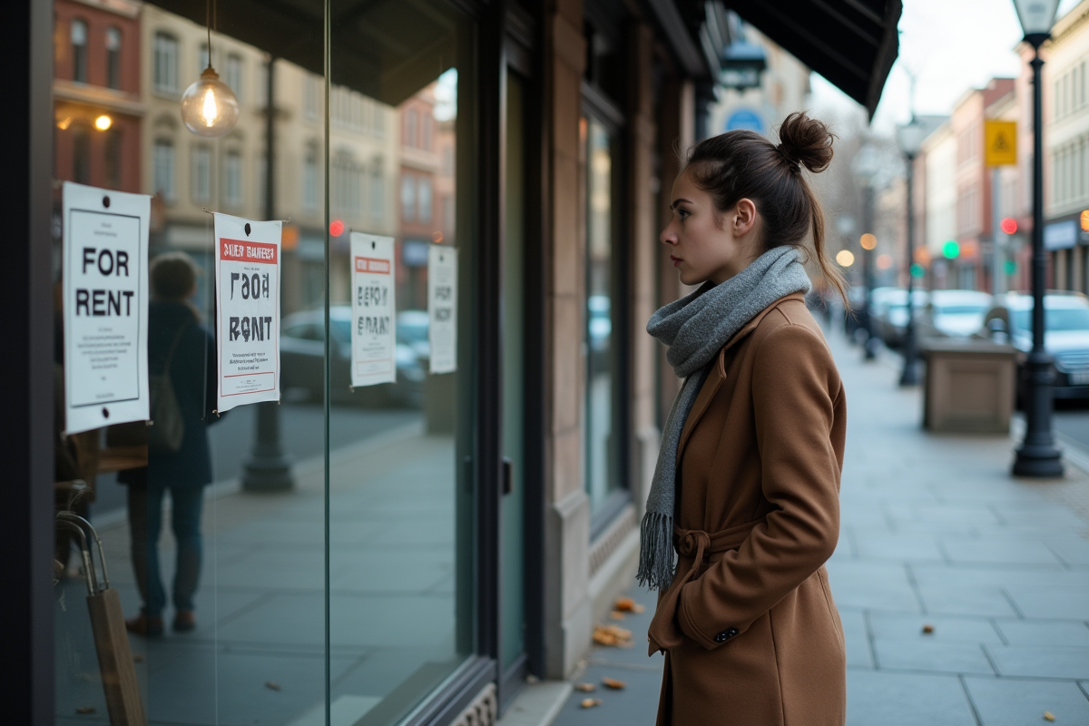 Jeune femme regarde une boutique à louer dans la rue urbaine