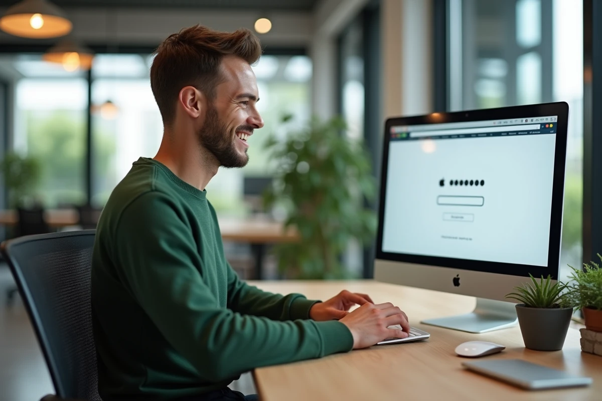 Jeune homme souriant travaillant sur un ordinateur au bureau