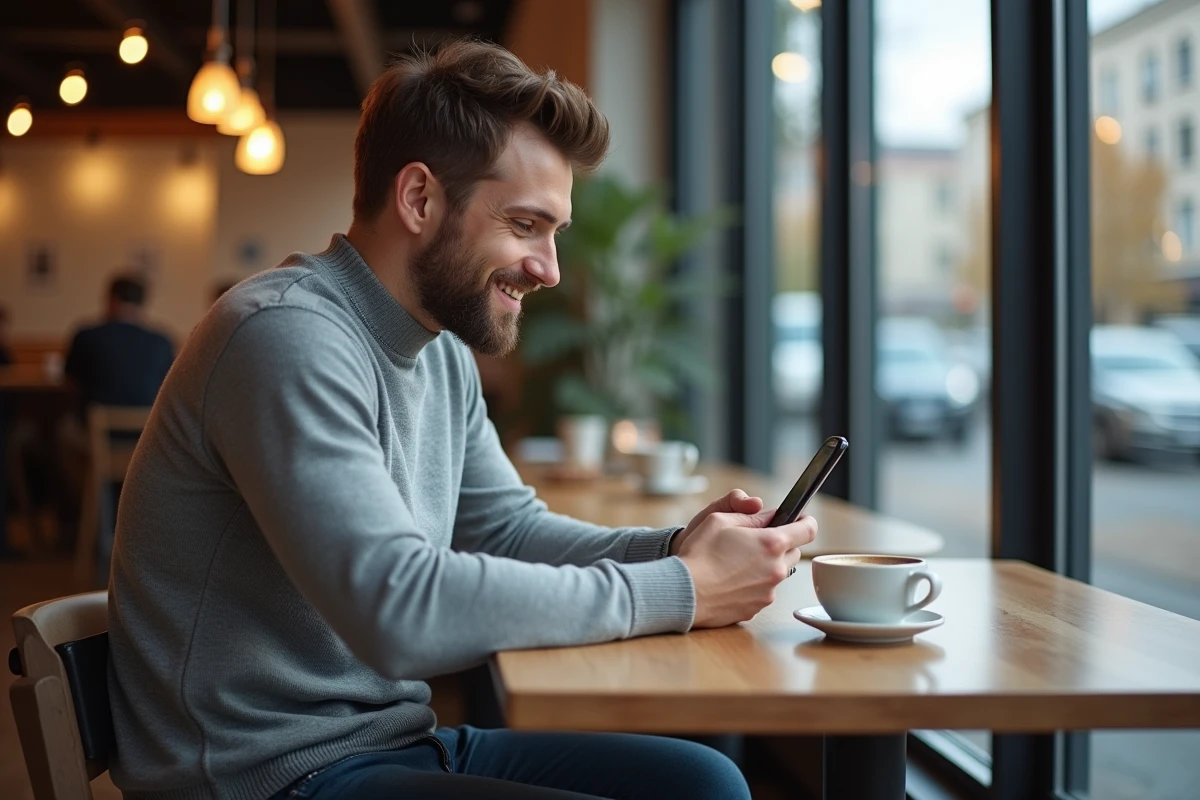 Jeune homme au café utilisant son smartphone satisfait