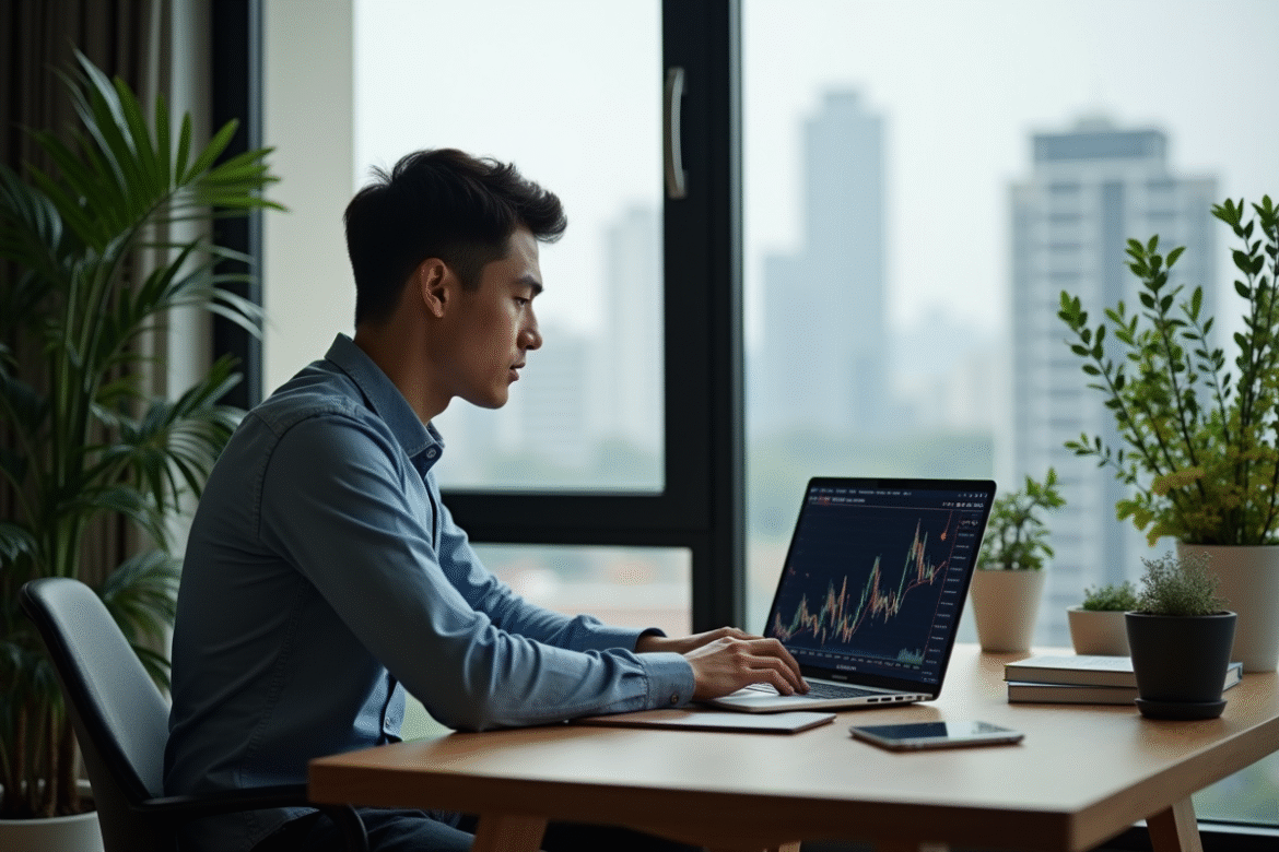 Jeune homme contemplant des graphiques de cryptomonnaie sur son laptop