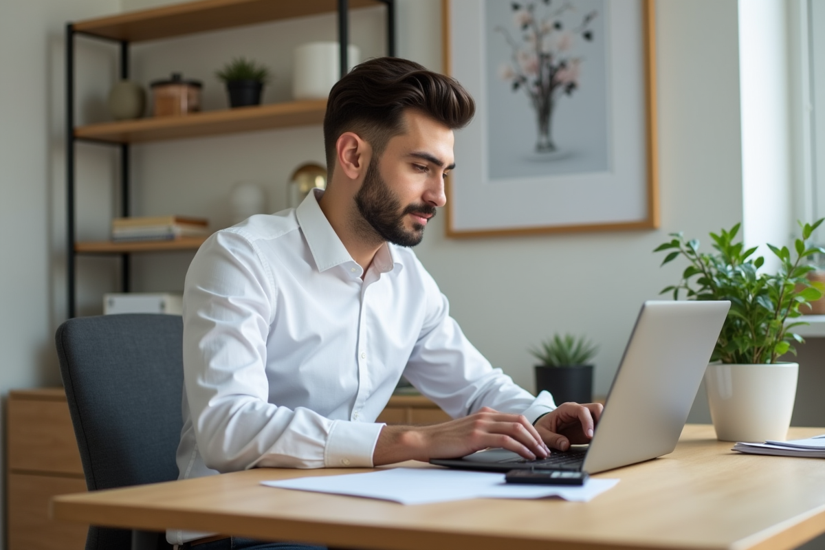 Jeune homme au bureau à domicile avec carte bancaire et documents