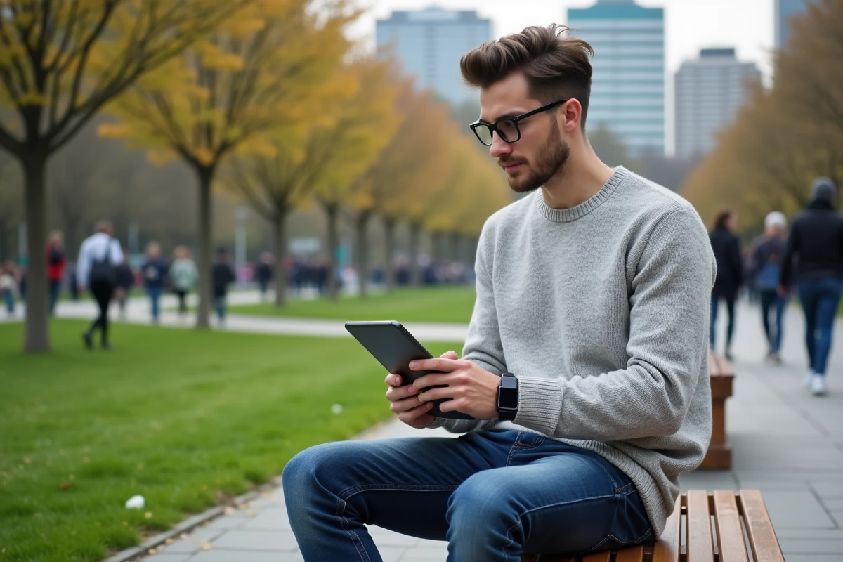 Jeune homme en ville assis dans un parc avec tablette et smartwatch