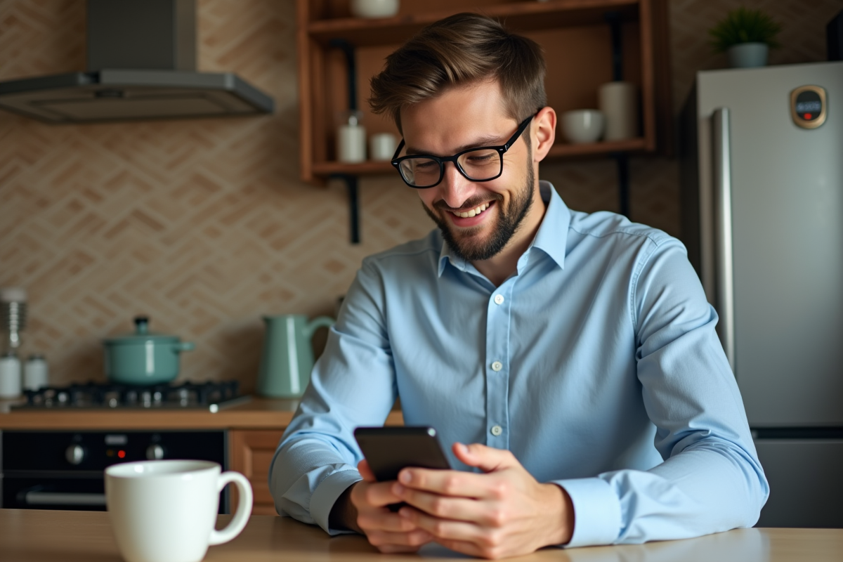 Jeune homme utilisant son smartphone dans la cuisine