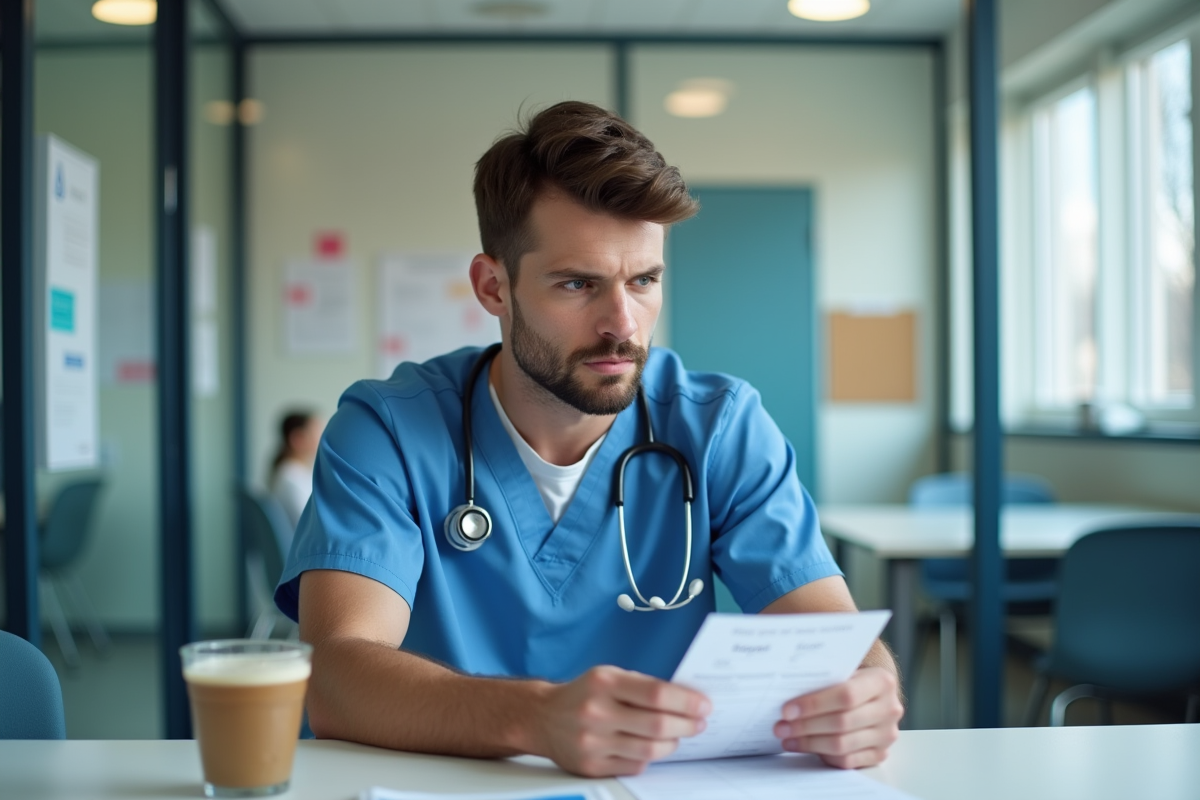 Jeune infirmier regardant un bulletin dans la salle de pause