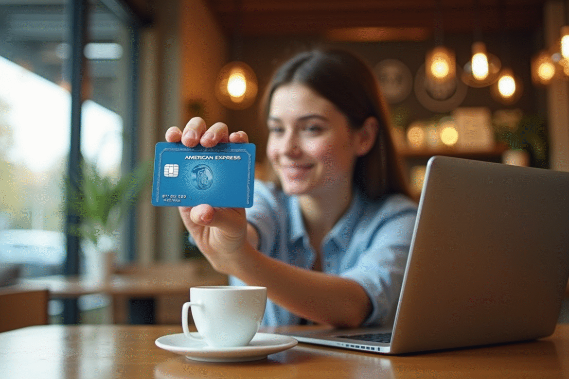 Jeune professionnel avec American Express dans un café lumineux