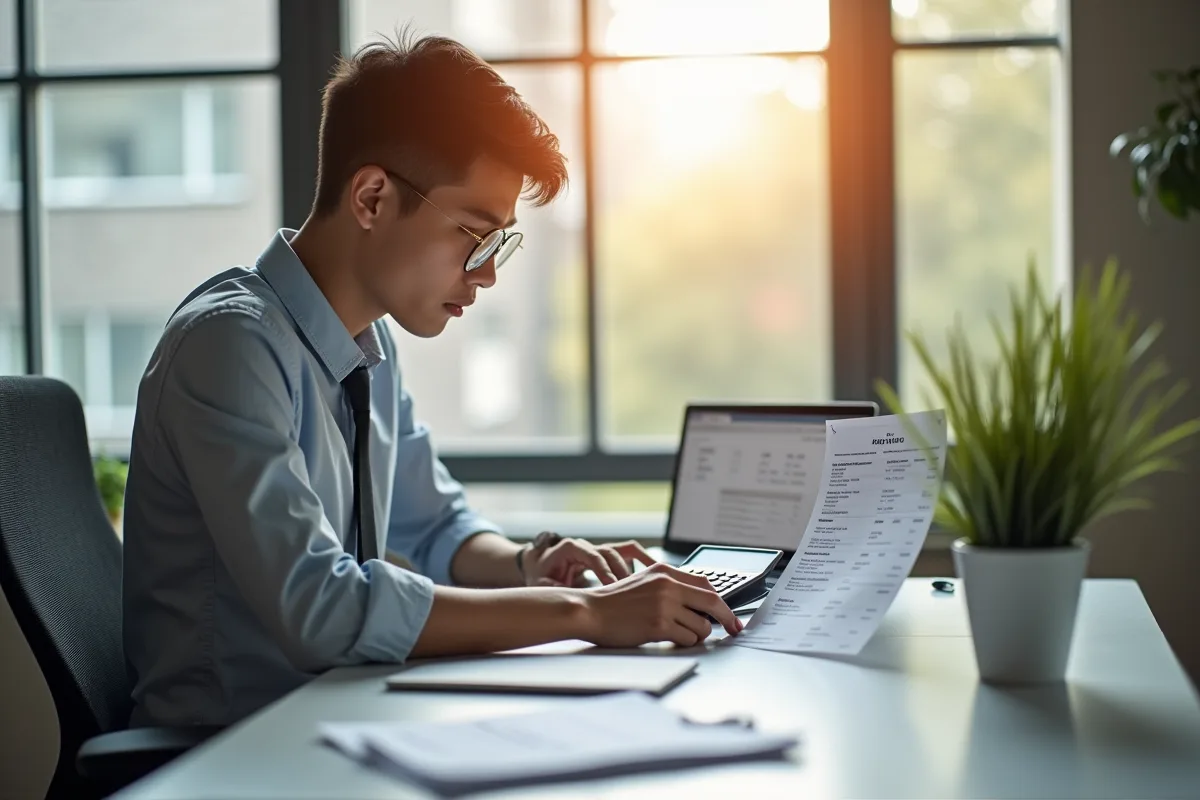 Jeune professionnel examinant un bulletin de salaire au bureau
