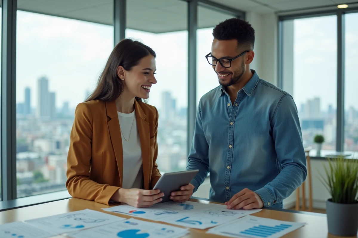 Deux jeunes professionnels collaborant sur des projets financiers dans un bureau moderne avec vue urbaine, illustrant la coopération entre jeunes actifs