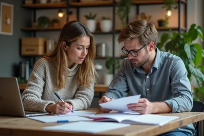 Deux jeunes adultes organisent des papiers dans un appartement cosy