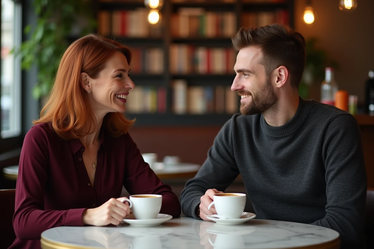 Couple dans un café intime européen partageant une conversation animée, illustrant la relation entre Kelly Reilly et Kyle Baugher