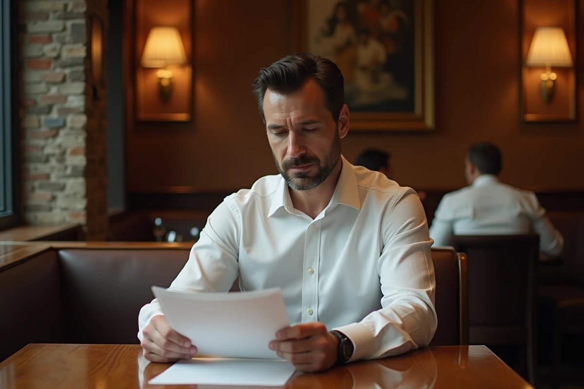 Financier discret assis dans un restaurant new-yorkais haut de gamme, portrait évoquant le profil de Kyle Baugher homme d'affaires
