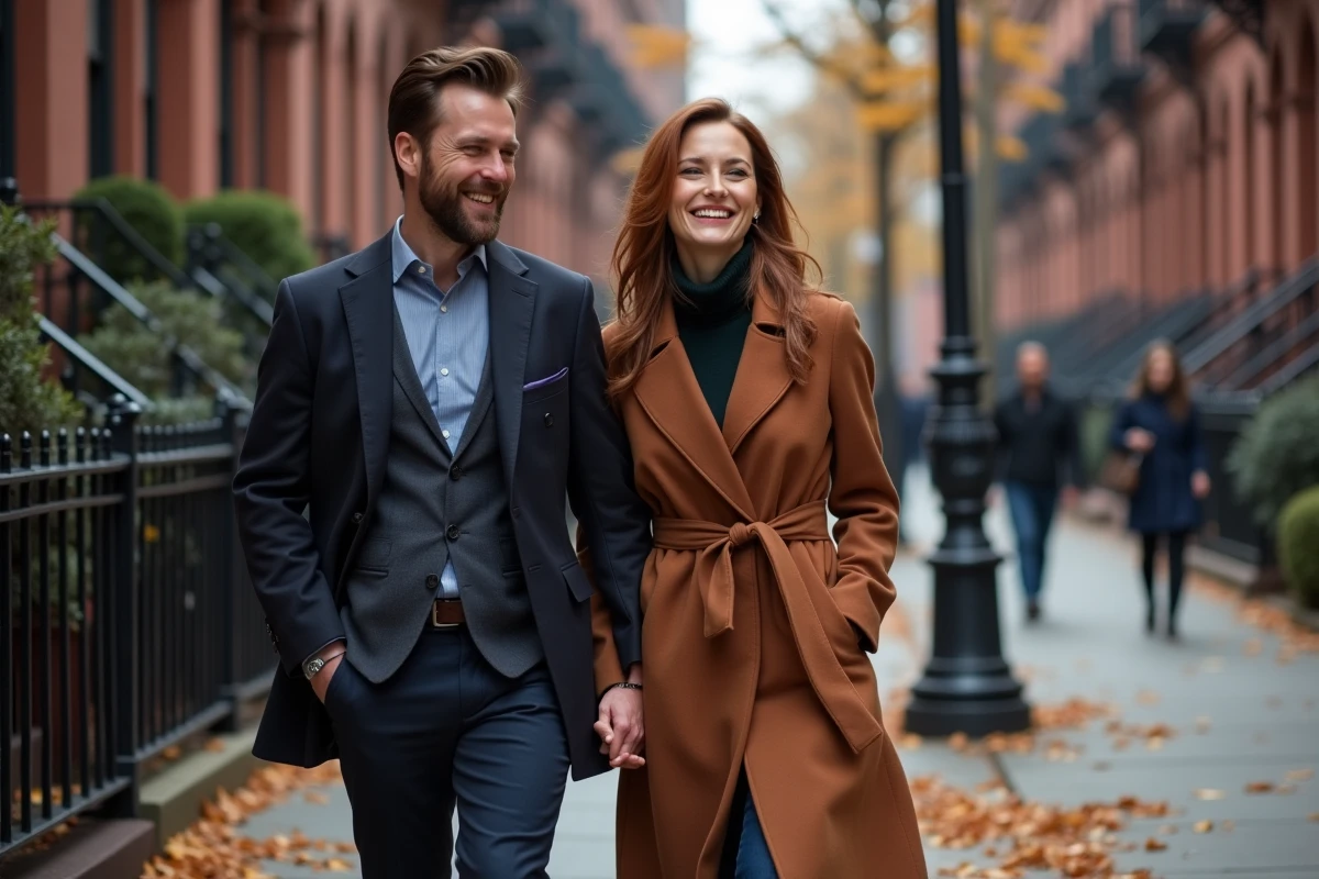 Couple élégant se promenant dans un quartier chic de Manhattan en automne, évoquant la rencontre entre Kyle Baugher et Kelly Reilly