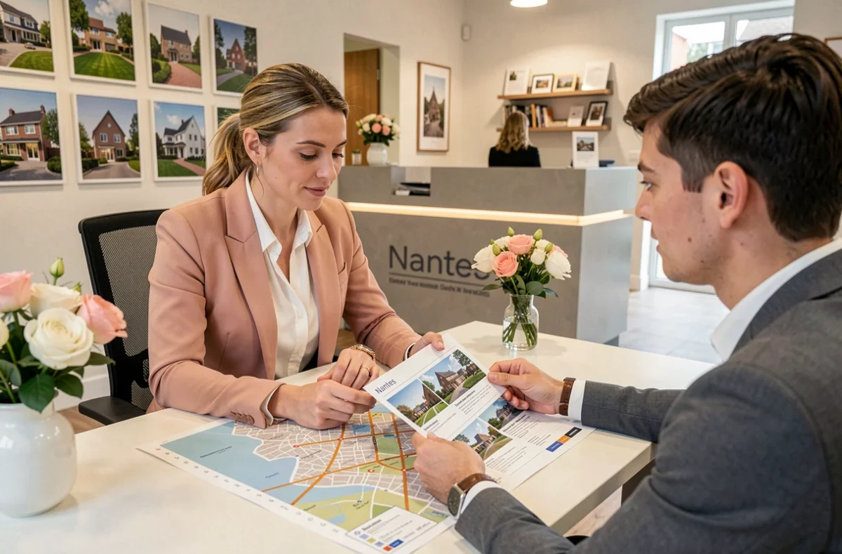 Conseillère Laure Boucher Immobilier présentant des biens immobiliers à un client dans son agence nantaise