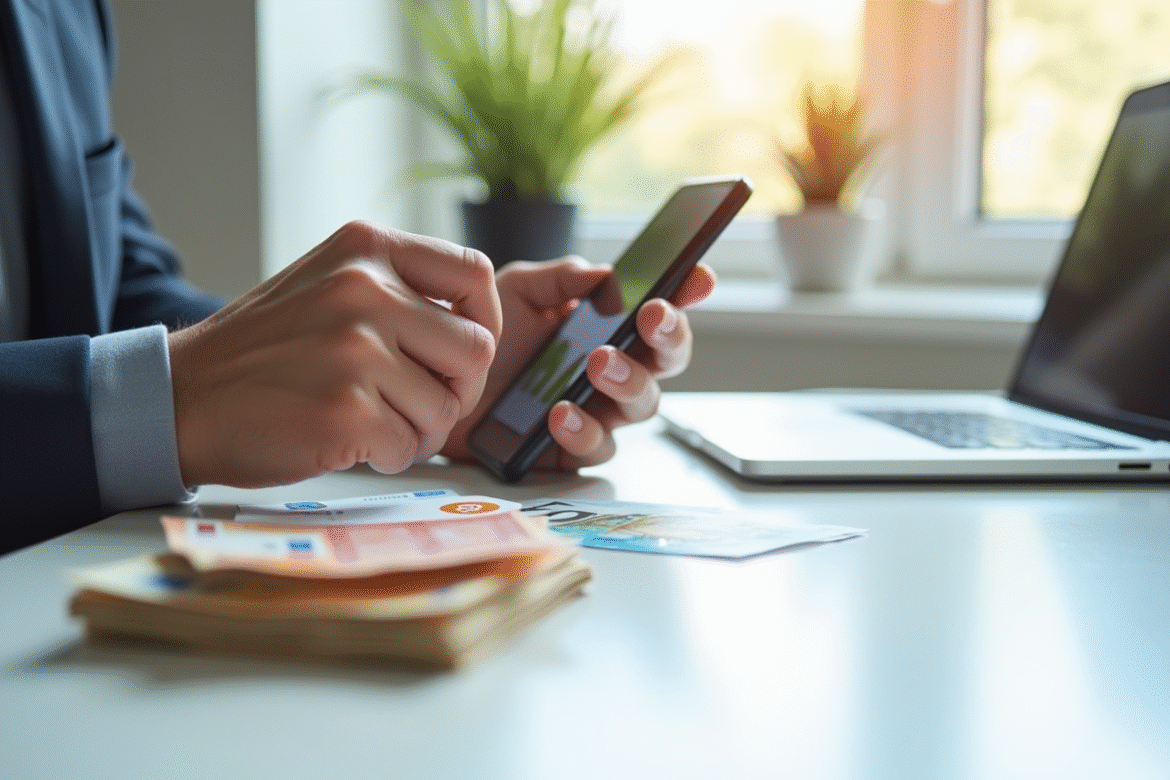 Main tenant un smartphone avec une app Bitcoin sur un bureau lumineux