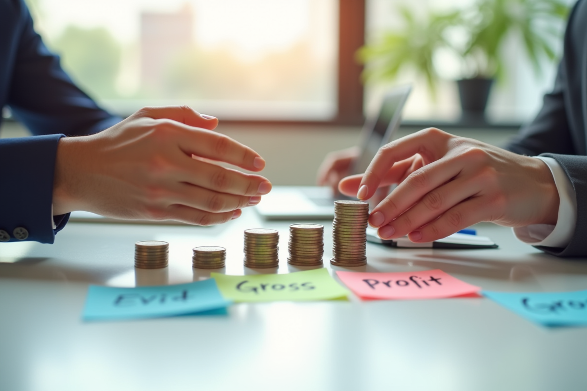 Mains sur une table avec pièces et notes sur la rentabilité