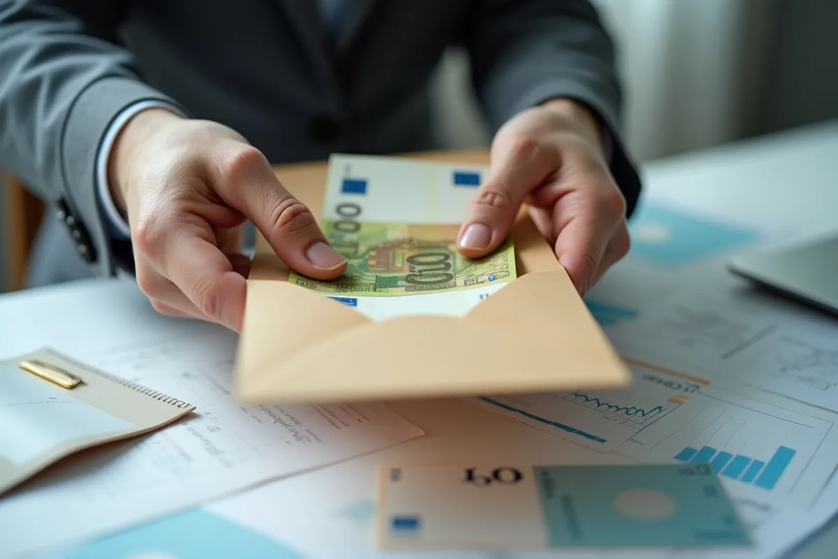 Mains tenant des billets de banque et une enveloppe sur un bureau