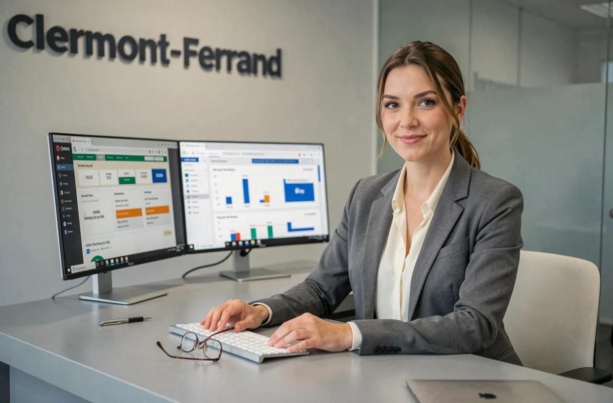 Conseillère de l'agence Meilleurtaux à Clermont-Ferrand devant des écrans de comparaison de crédit et d'assurance