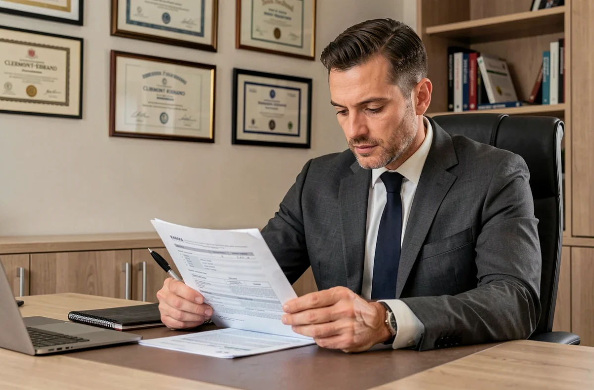 Conseiller de Mon Courtier Expert à Clermont-Ferrand examinant un contrat d'assurance dans son cabinet