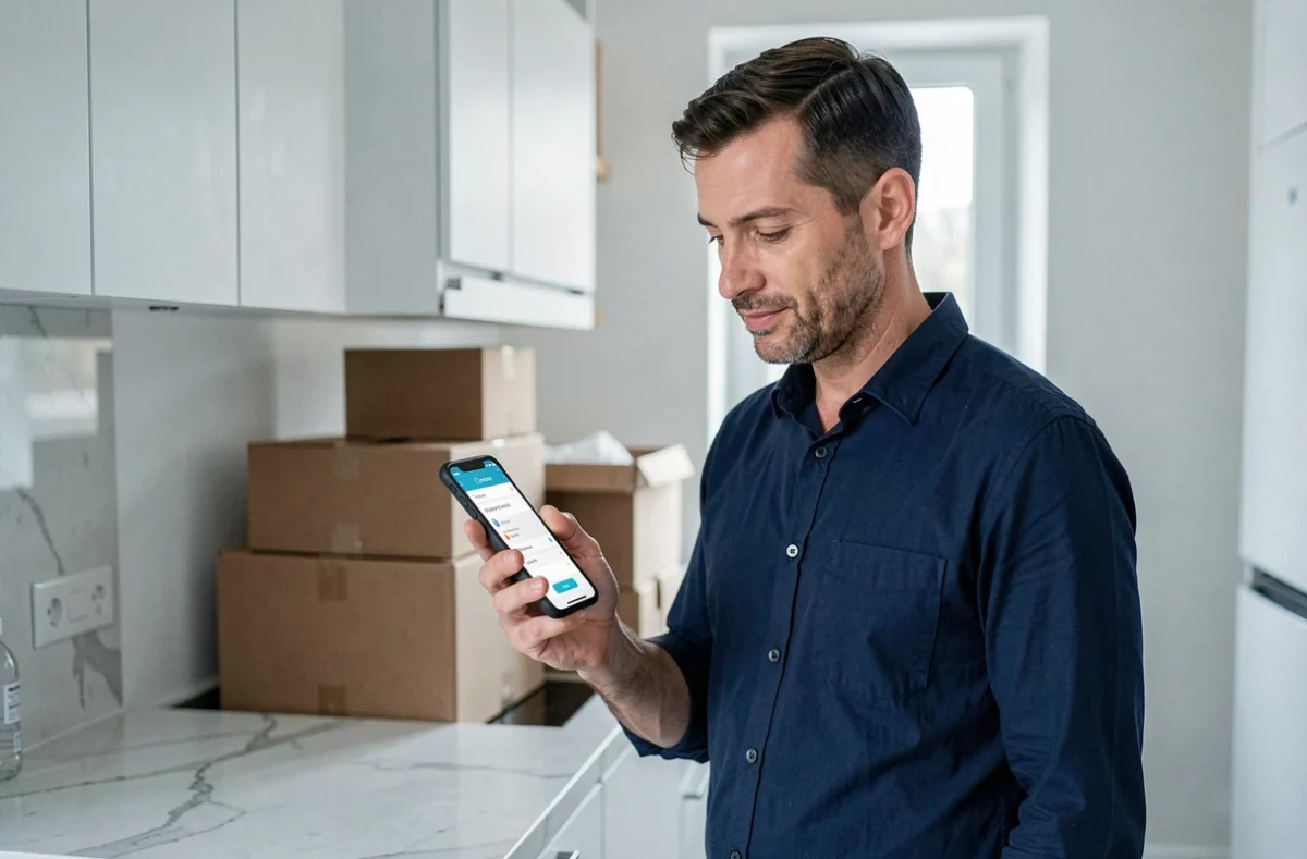 Homme utilisant une application mobile pour notifier son changement d'adresse à son assureur ACM IARD
